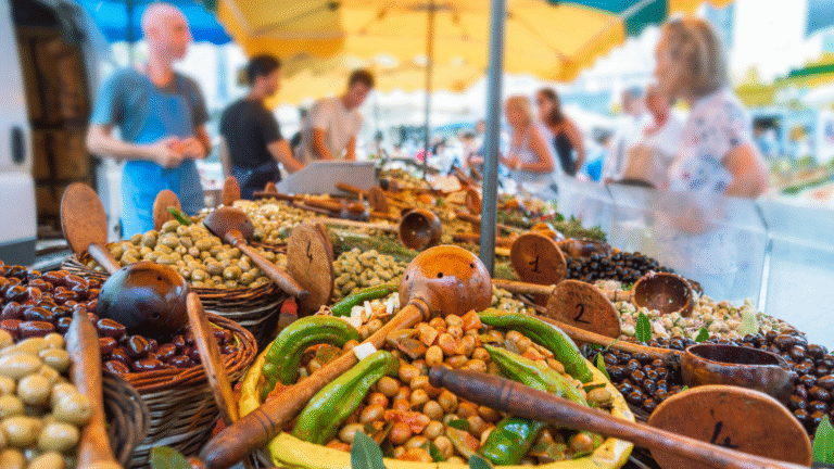 Provencal market stalls with local produce and spices
